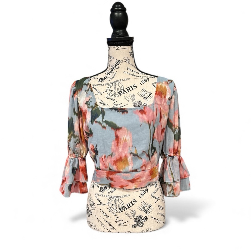 BTFL-life Abstract Floral Blouse Medium Ruffle 3/4 Sheer Sleeve Open Back New